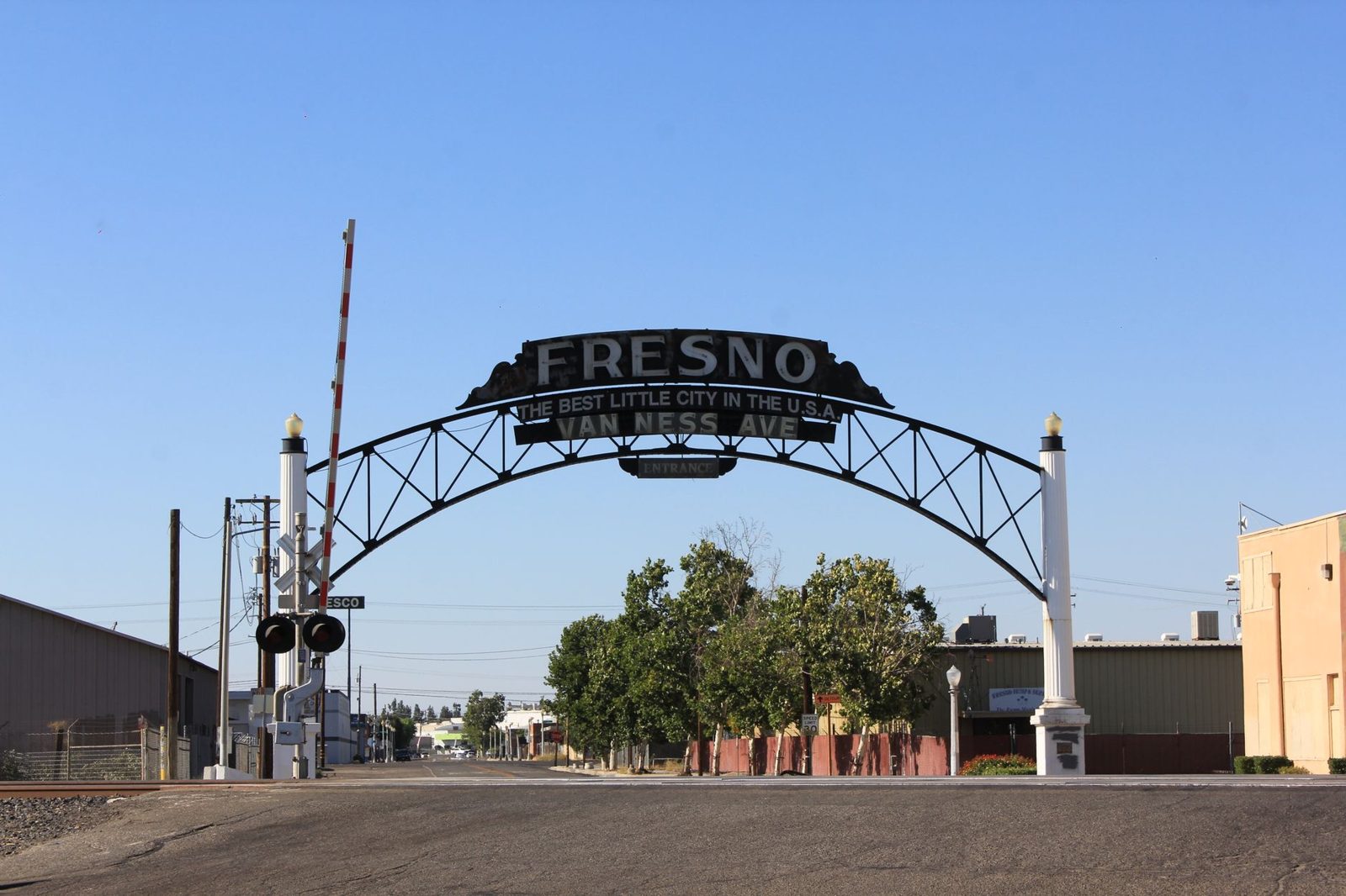 The Fresno arch sign over a downtown street
