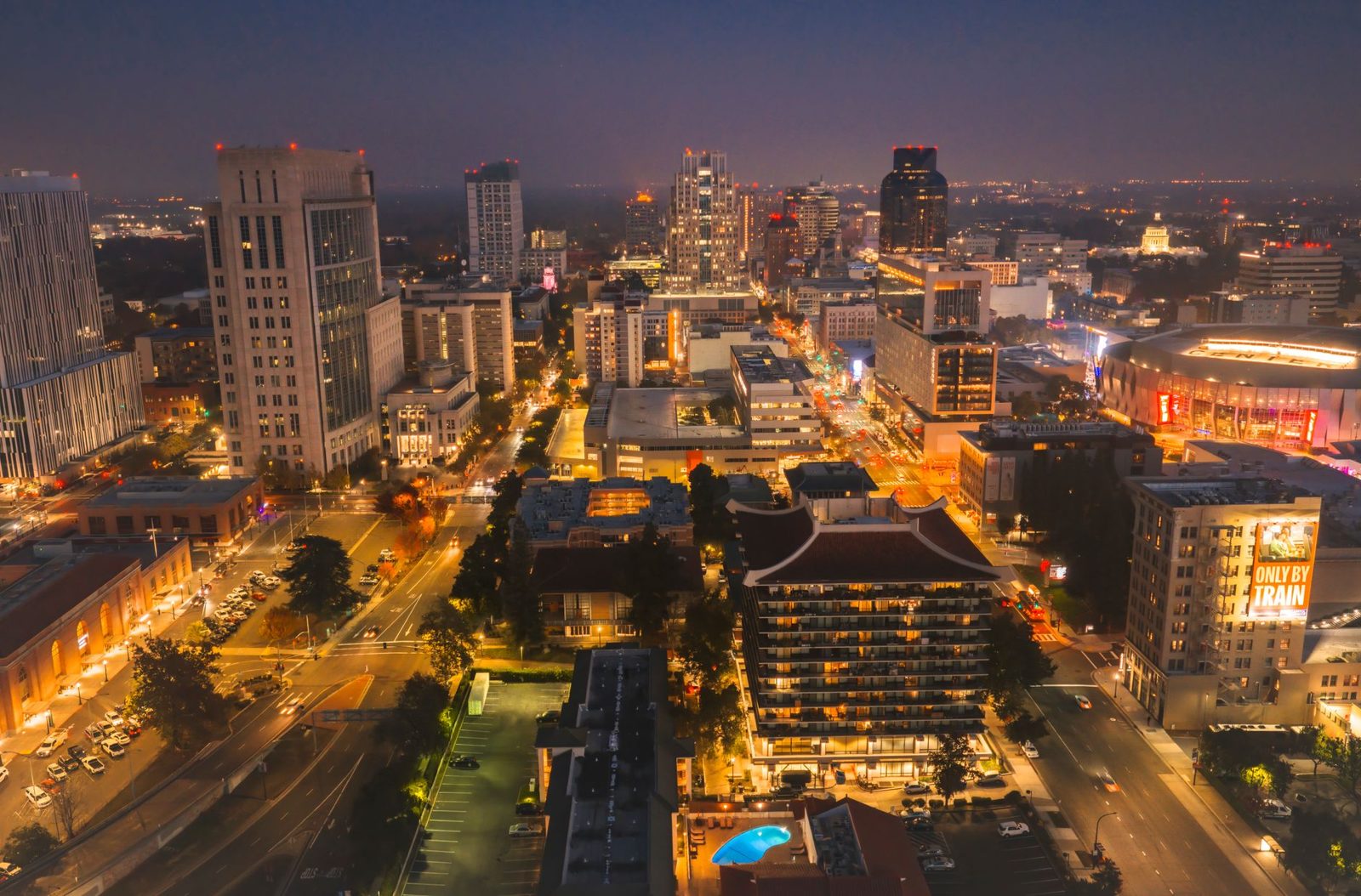 Downtown Sacramento lit up at night