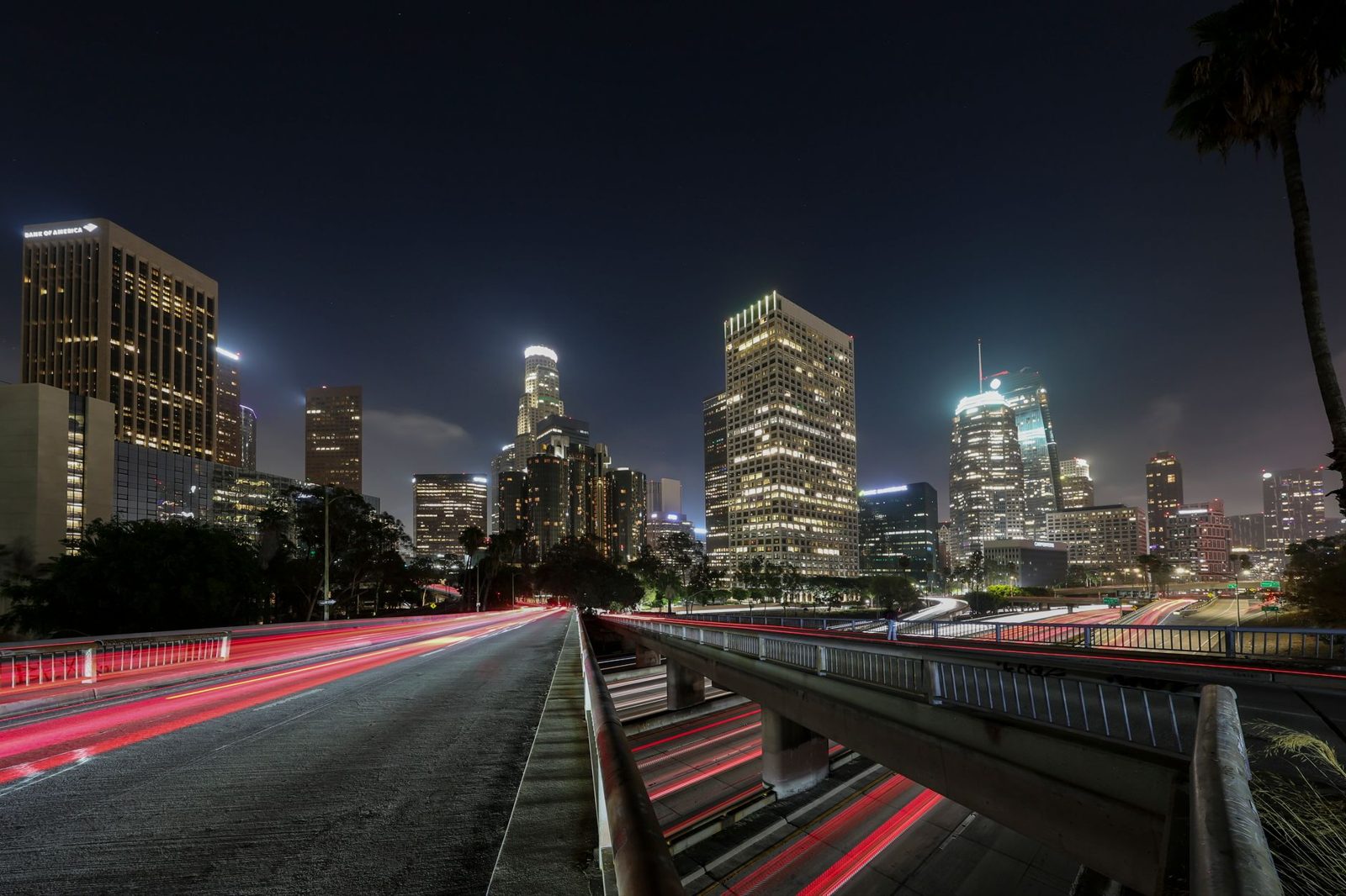 The downtown Los Angeles skyline at night