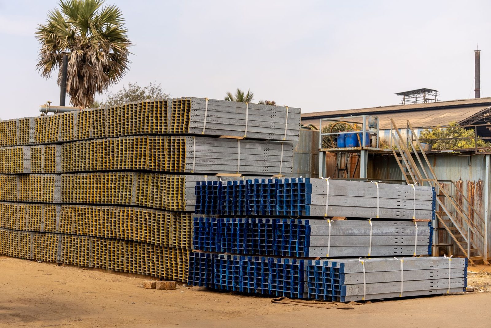 Materials stacked in a construction staging yard