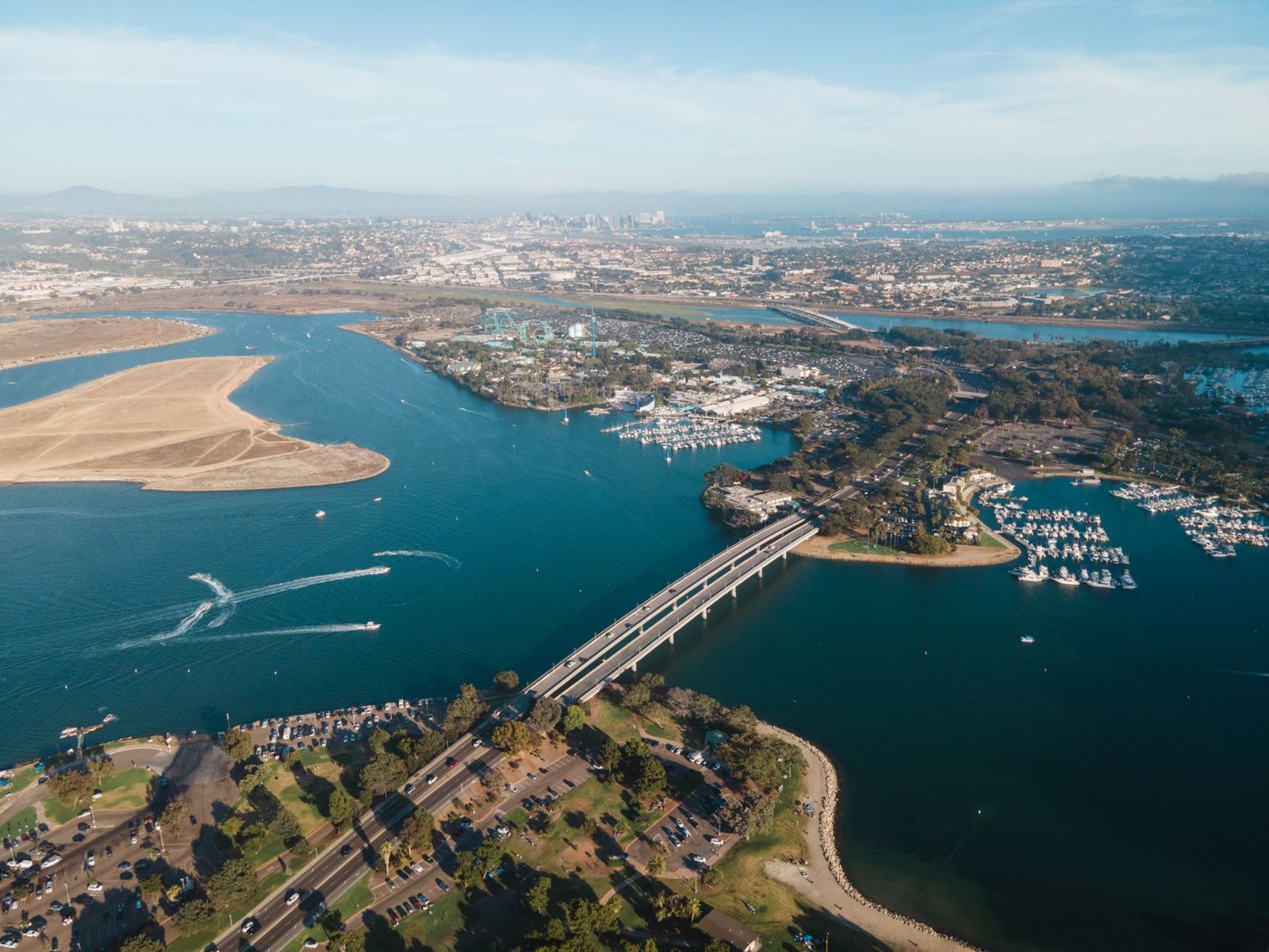 Mission Bay and its bridges from above