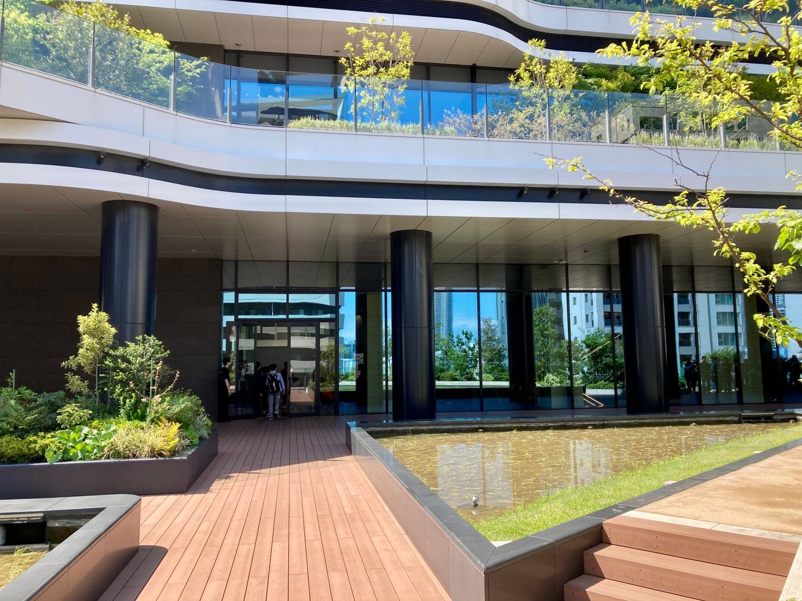 A landscaped office building entrance