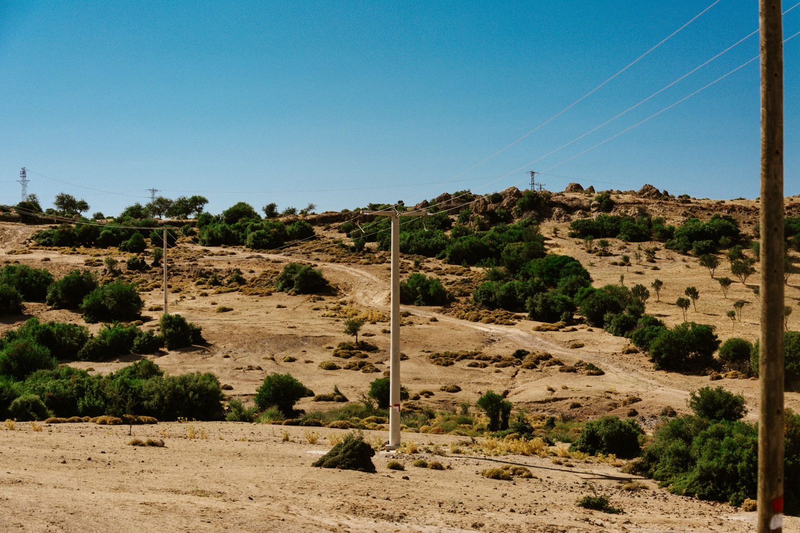 Power lines crossing dry hills