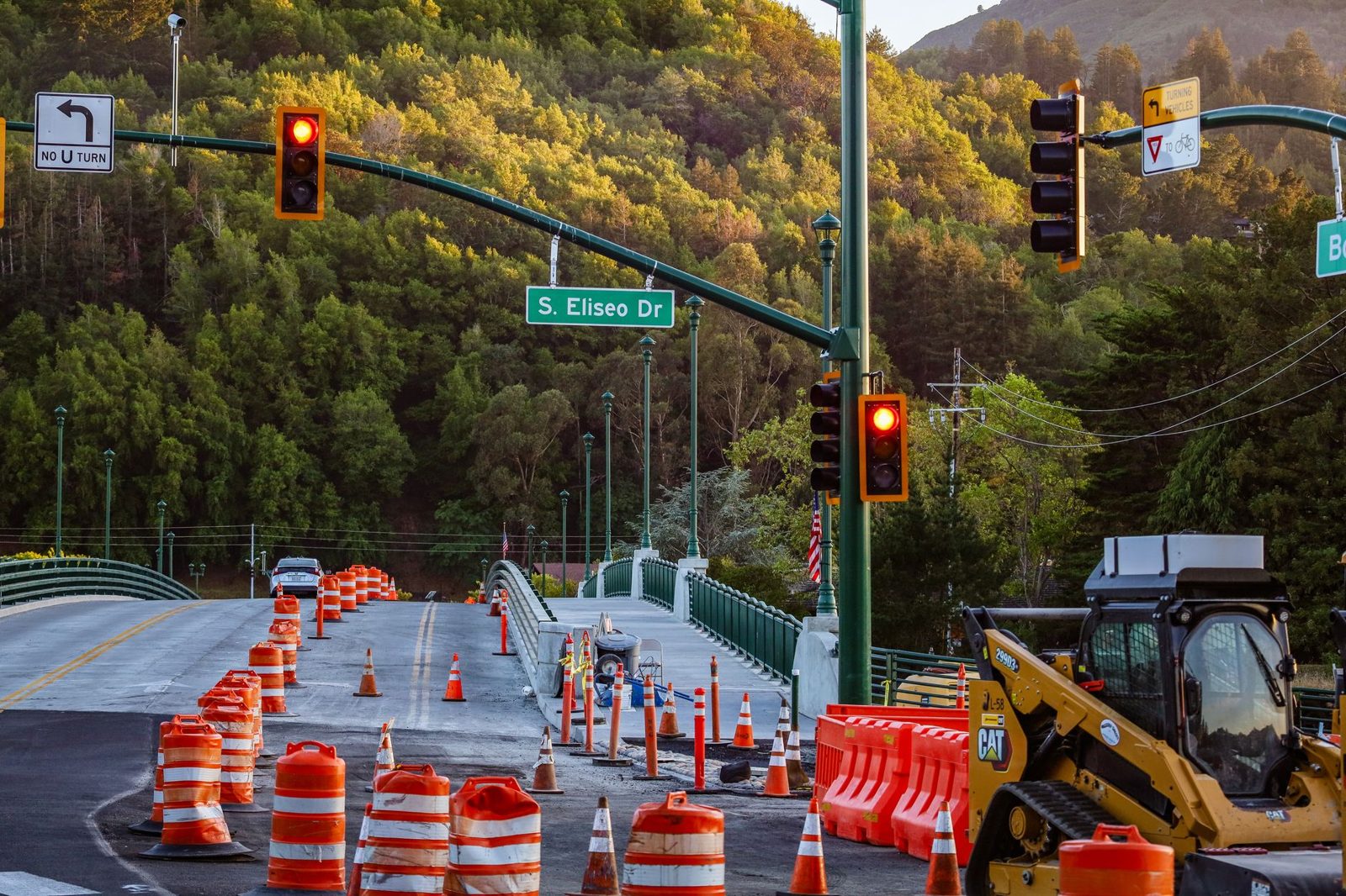 Cones and barriers around a street work zone at an intersection