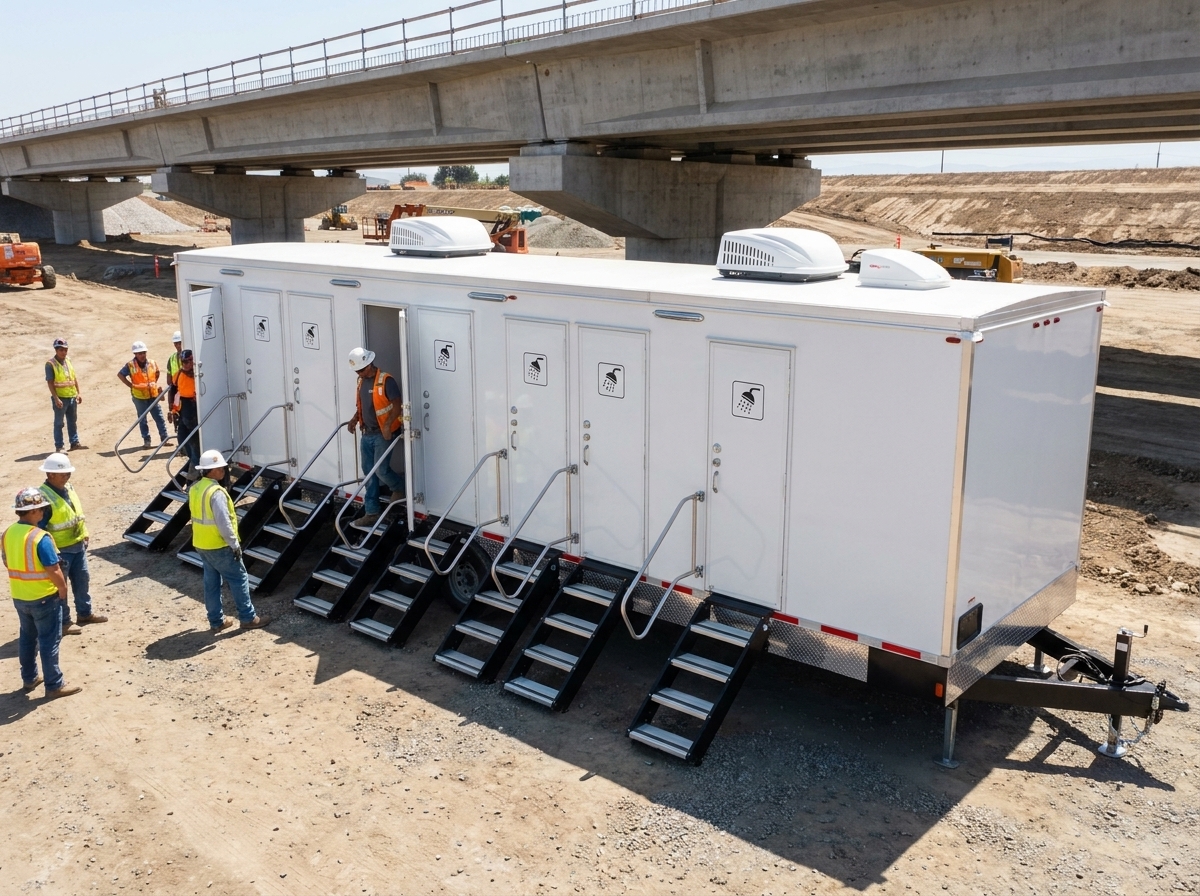 Construction workers in hard hats and hi-vis waiting outside a shower and restroom combo trailer on a wide Central Valley high-speed rail jobsite, guideway structure in the background