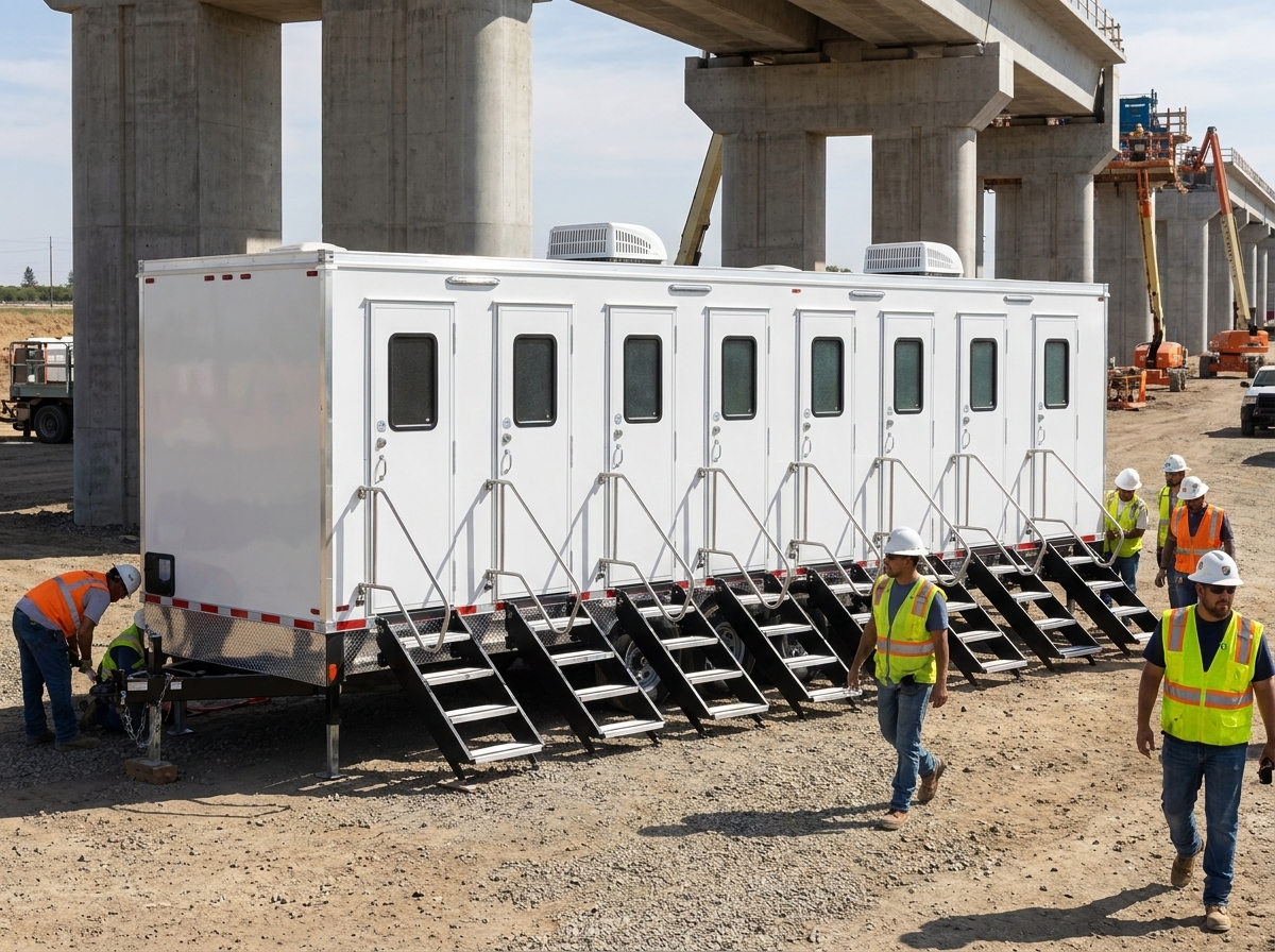 Hard-hatted construction crew walking past a private eight-station restroom trailer at a California high-speed rail guideway jobsite in the Central Valley