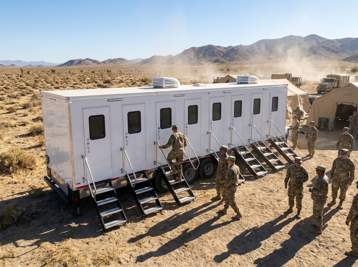 Uniformed National Guard personnel at a field base camp beside a private restroom trailer in the California high desert near Fort Irwin