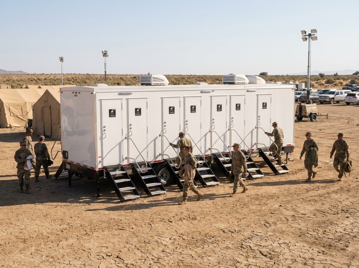 Soldiers in fatigues walking to a large shower trailer at a dusty Mojave Desert training staging area near Fort Irwin, tan tents and light towers around them