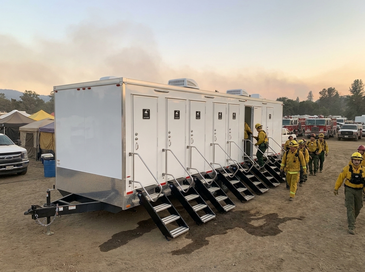 Firefighters in yellow Nomex lined up at a large mobile shower trailer at a dusty California wildfire base camp at dusk, tents and engines behind them
