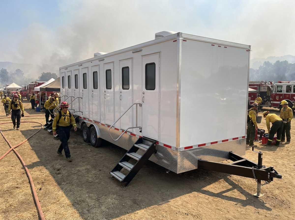 Cal Fire and emergency response personnel outside a mobile ADA-accessible restroom trailer at a Southern California wildfire base camp