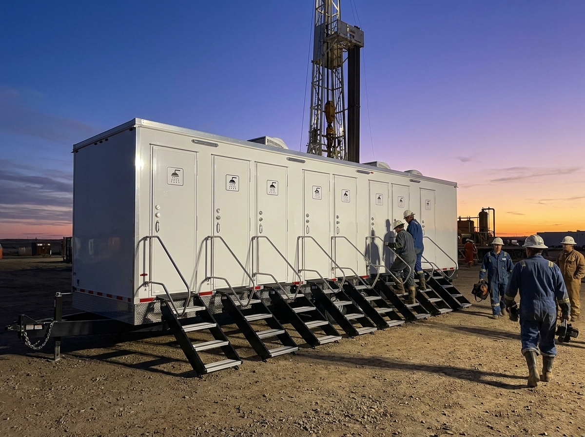 Oilfield workers in coveralls and hard hats at a shower trailer parked beside a drilling rig on the flat Weld County plains at dusk