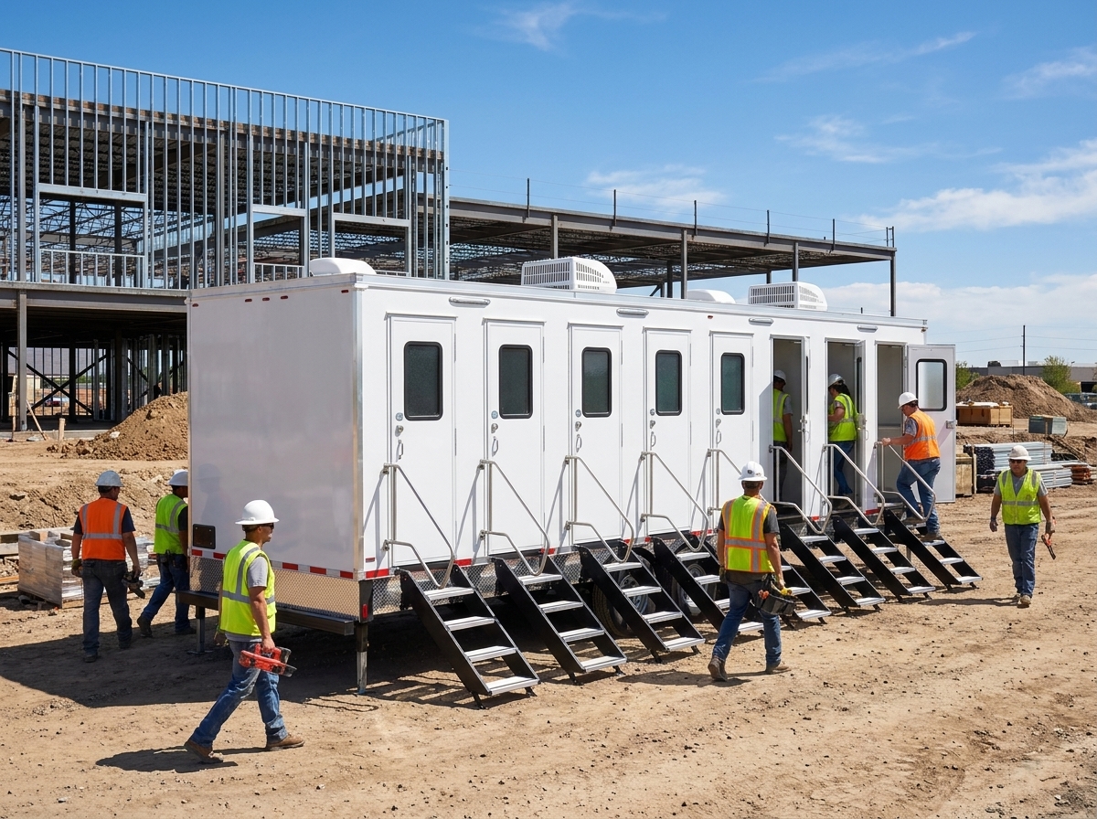 Construction crew in hard hats walking to a private restroom trailer parked beside steel framing on a Denver Front Range job site under a blue Colorado sky
