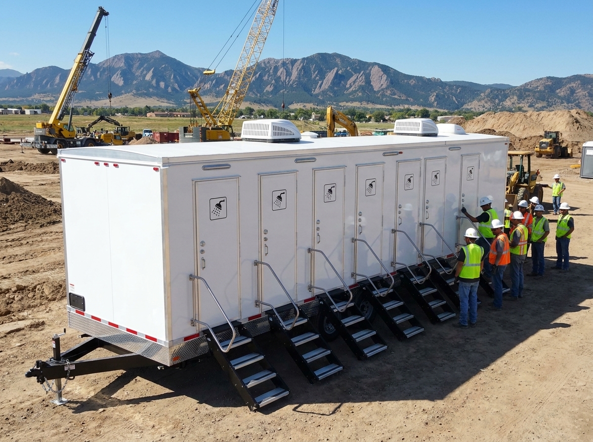 Construction workers in hard hats and hi-vis vests lining up at a multi-stall shower trailer on a dusty Denver-area jobsite with cranes and the Front Range foothills behind