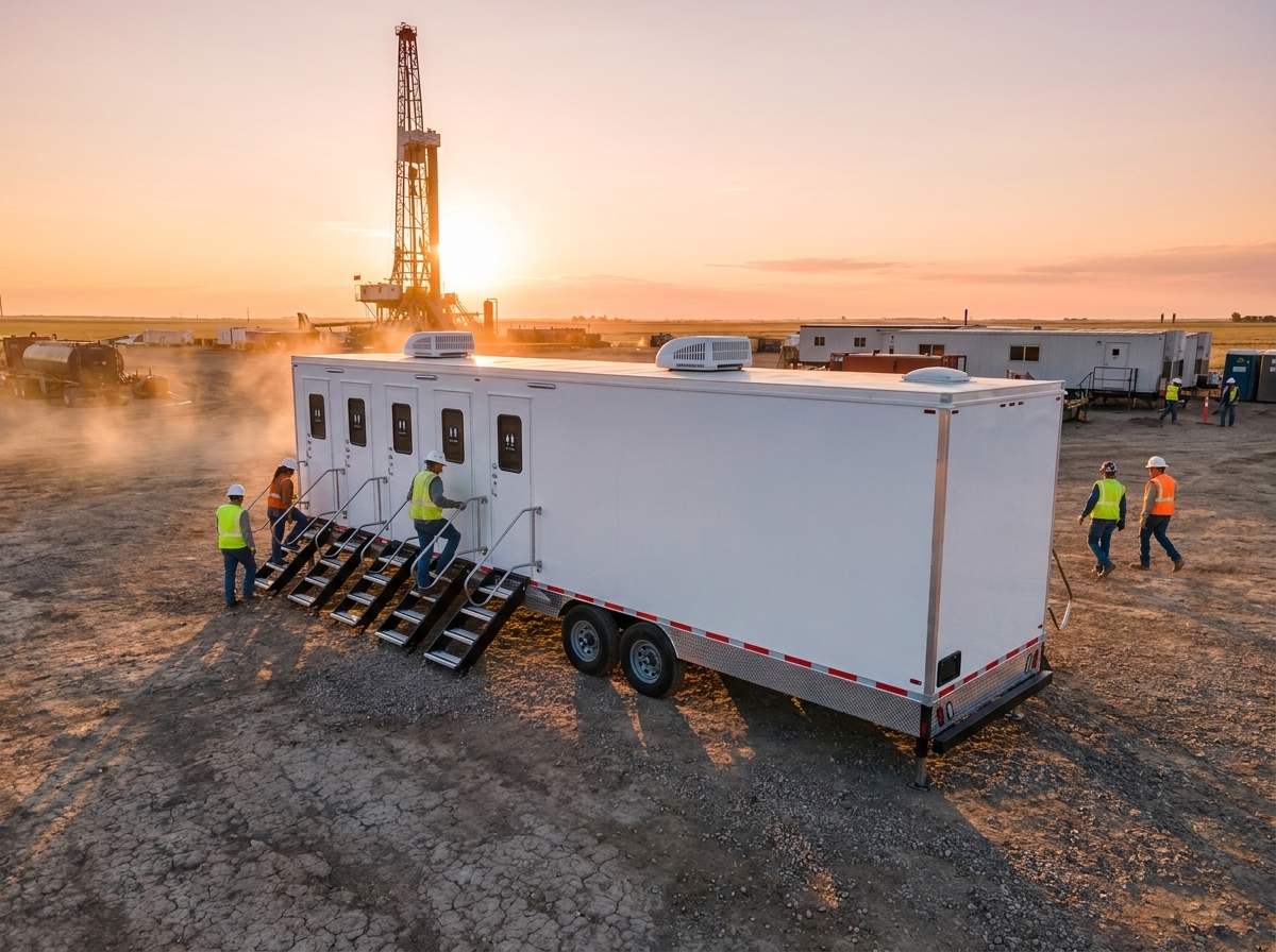 Two station portable restroom trailer staged next to a drilling rig and workforce trailers on a Weld County oil pad on the eastern Colorado plains at sunrise