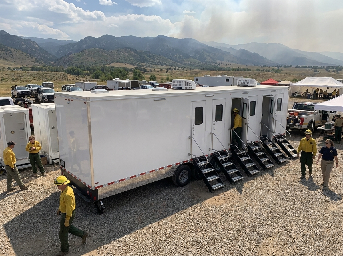 Row of luxury restroom trailers and shower units set up at a wildfire base camp in the Colorado foothills with response tents and crew vehicles nearby