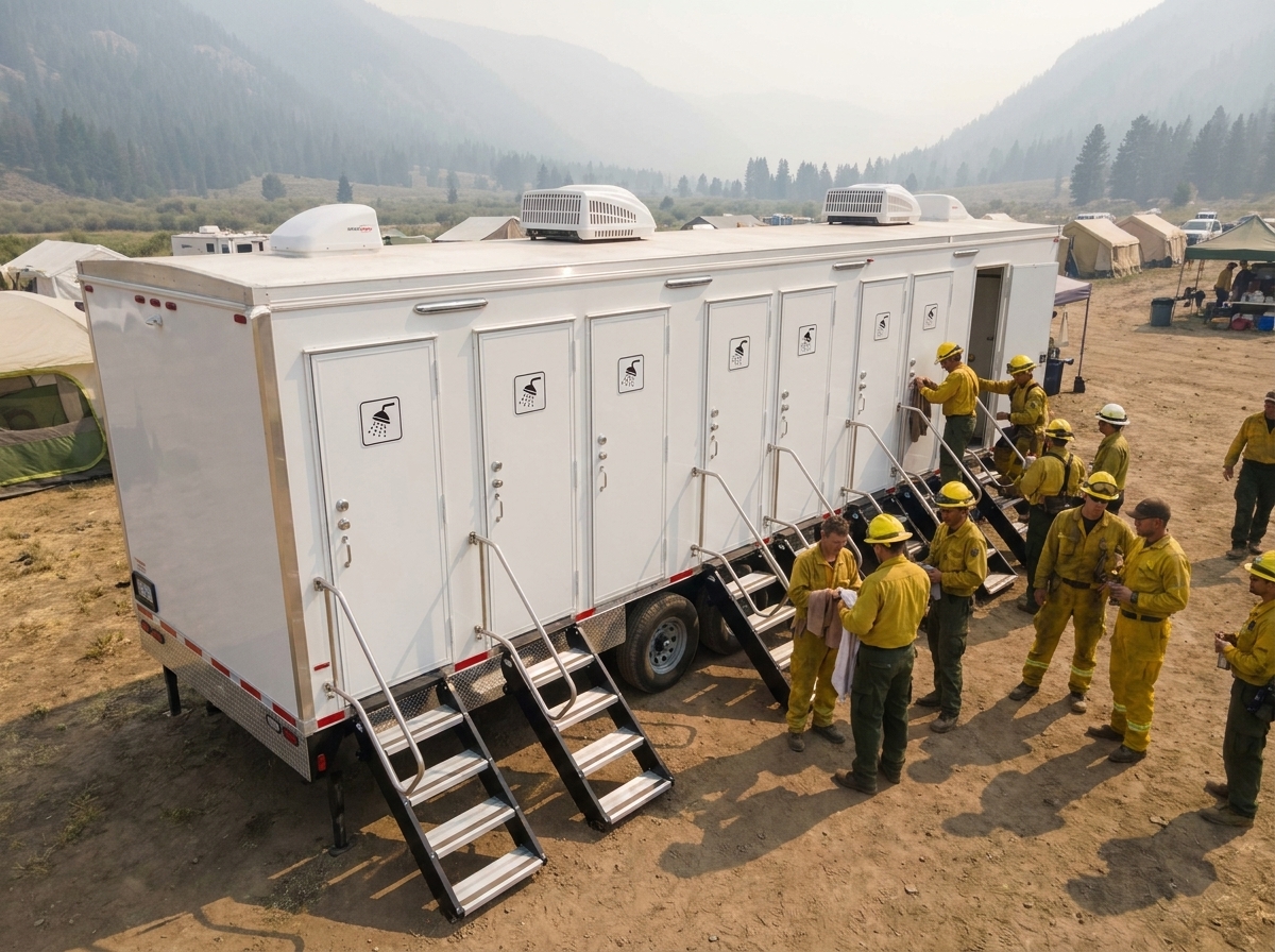 Wildland firefighters in yellow Nomex lining up at a large shower trailer at a base camp in a smoky Colorado mountain valley with tents in the background
