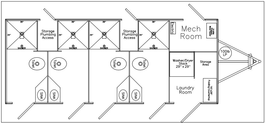 Drawing of the 4 station combo with washer and dryer sets at one end and showers mid chassis