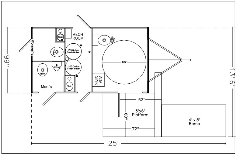 Plan view showing the accessible suite turning radius next to the two standard rooms