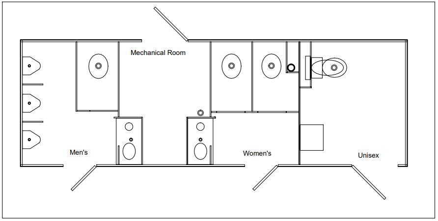 Unit diagram marking six standard stations and one full wheelchair accessible suite with grab bars