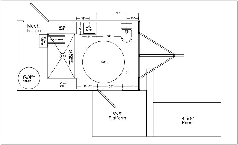 Accessible shower and restroom combo layout noting the fold down seat and grab bar positions