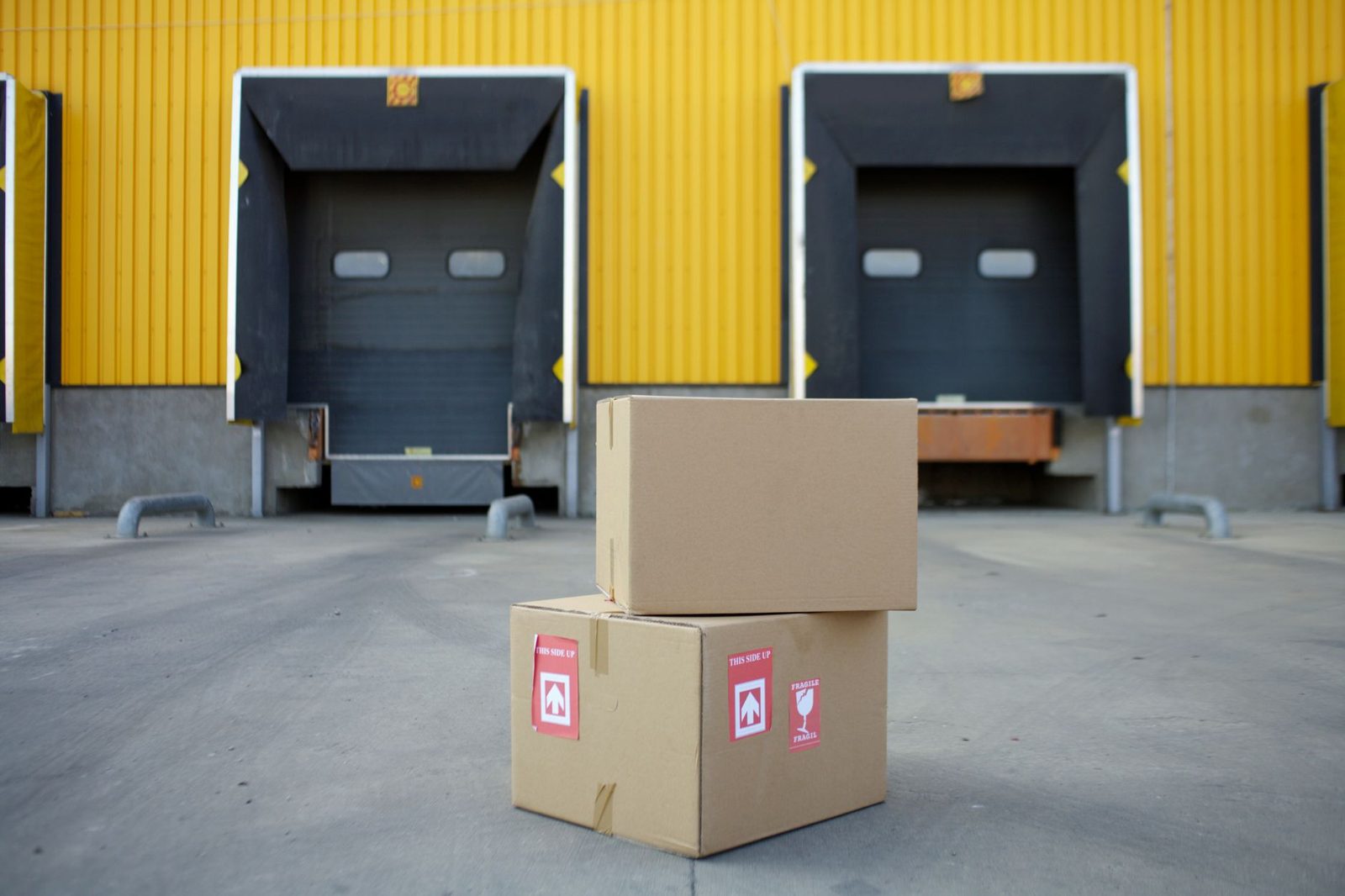 A warehouse loading dock with a box on the floor