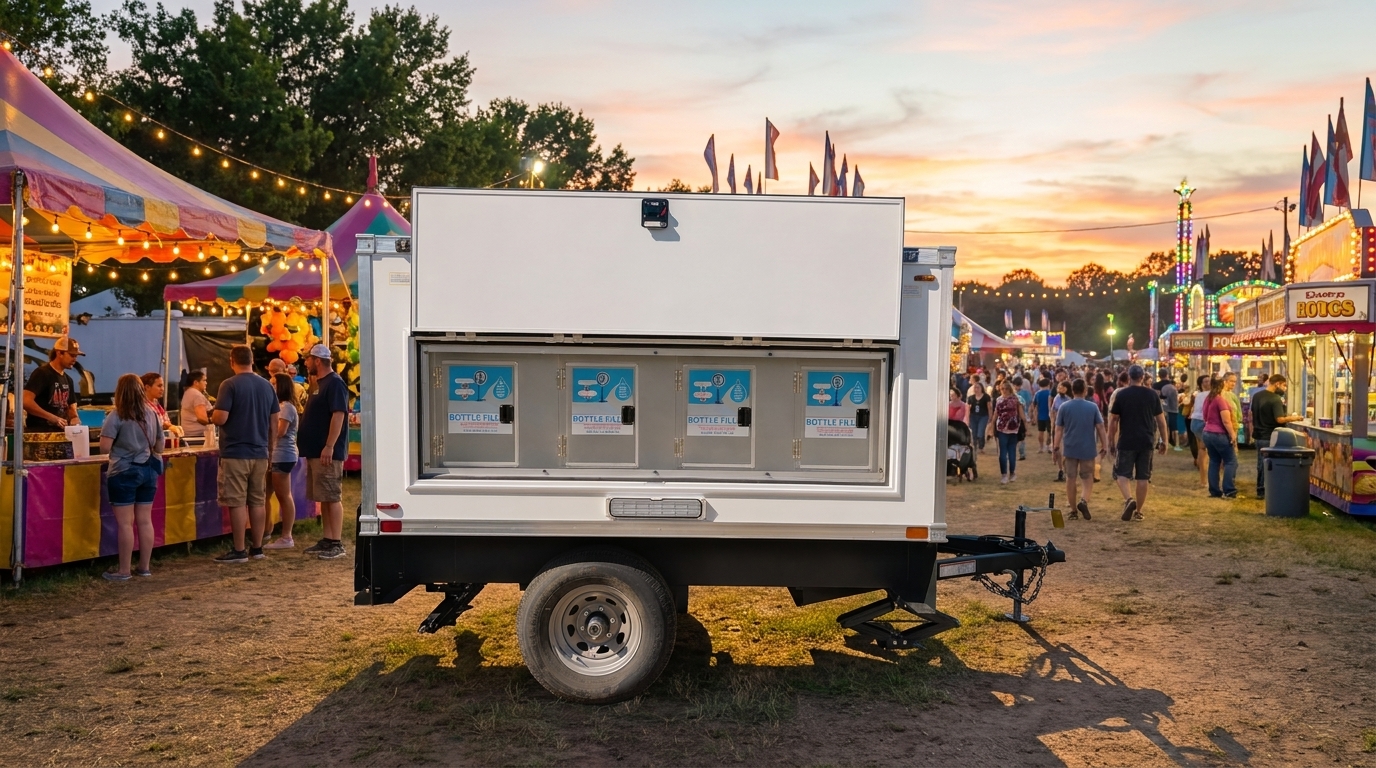 Water station trailer positioned along a busy fairground midway with festival canopies, string lights, and crowds in warm evening light