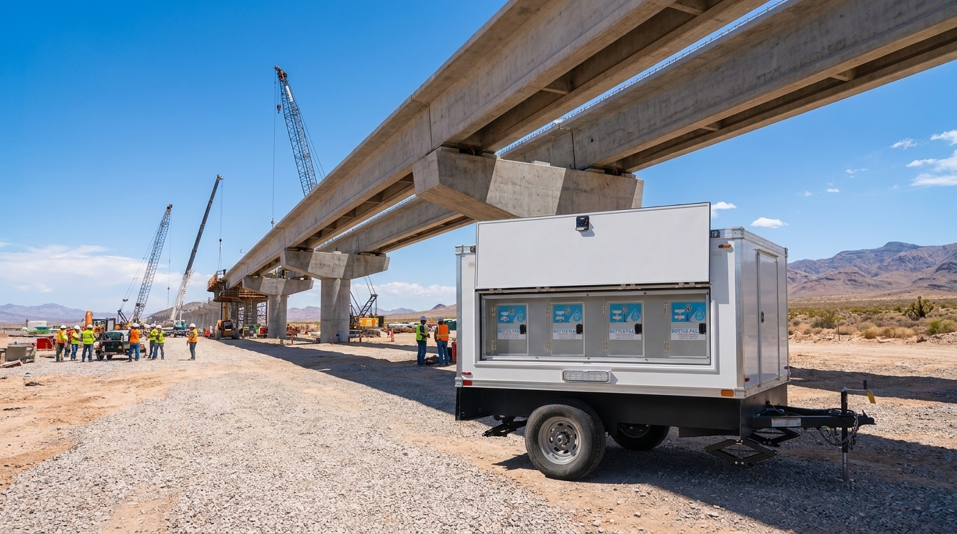 Water station trailer staged beside an elevated concrete rail guideway under construction with cranes and safety-vested crews in the distance