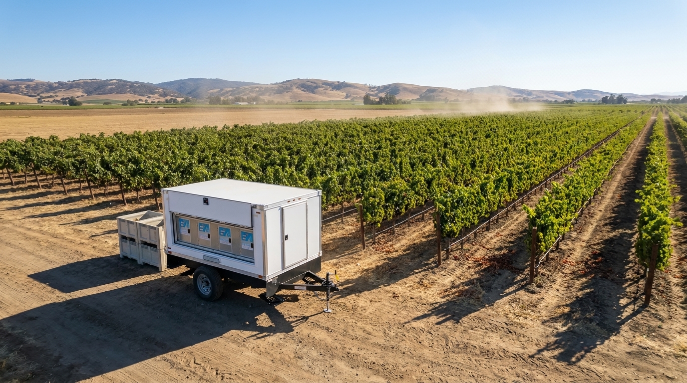 Chilled water station trailer parked at the end of vineyard rows with harvest bins and open farmland under bright Central Valley sun