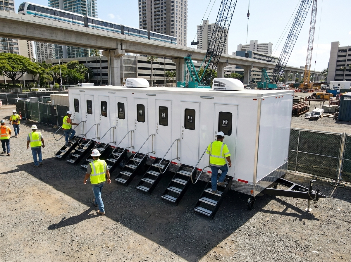 Eight-station private restroom trailer at a fenced construction basecamp in urban Honolulu with the raised Skyline rail guideway and cranes in the background, workers in hi-vis vests at the entry steps