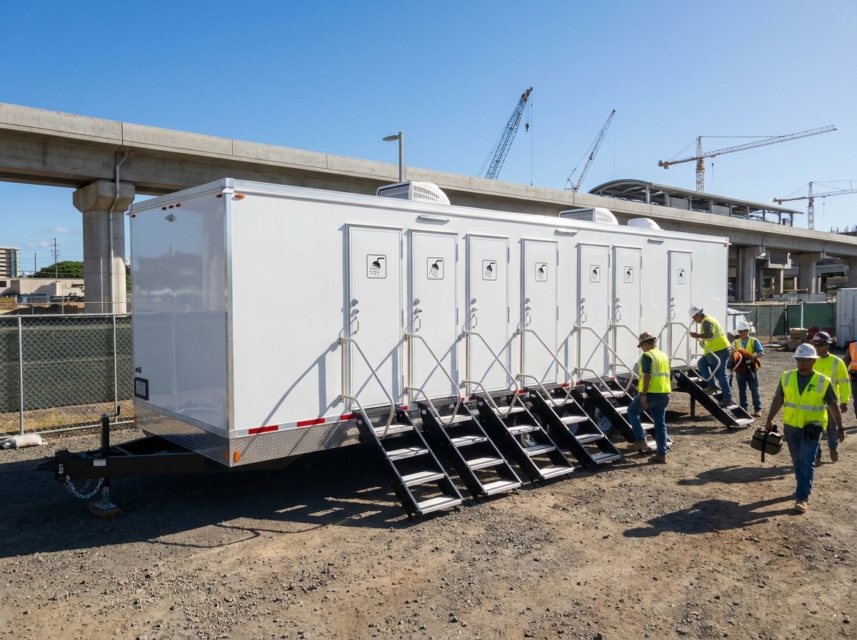 Eight-stall mobile shower and restroom trailer at a fenced construction basecamp in urban Honolulu with the elevated Skyline rail guideway and cranes in the background, workers in hi-vis vests at the entry steps