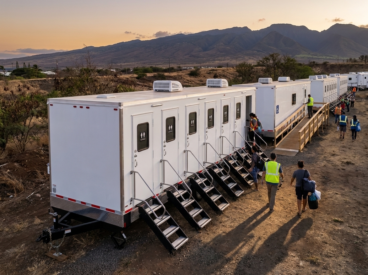 Rows of white private restroom trailers with an ADA ramp unit staged on a cleared hillside lot near Lahaina, relief workers and displaced residents walking to the stalls at dusk with the West Maui mountains behind