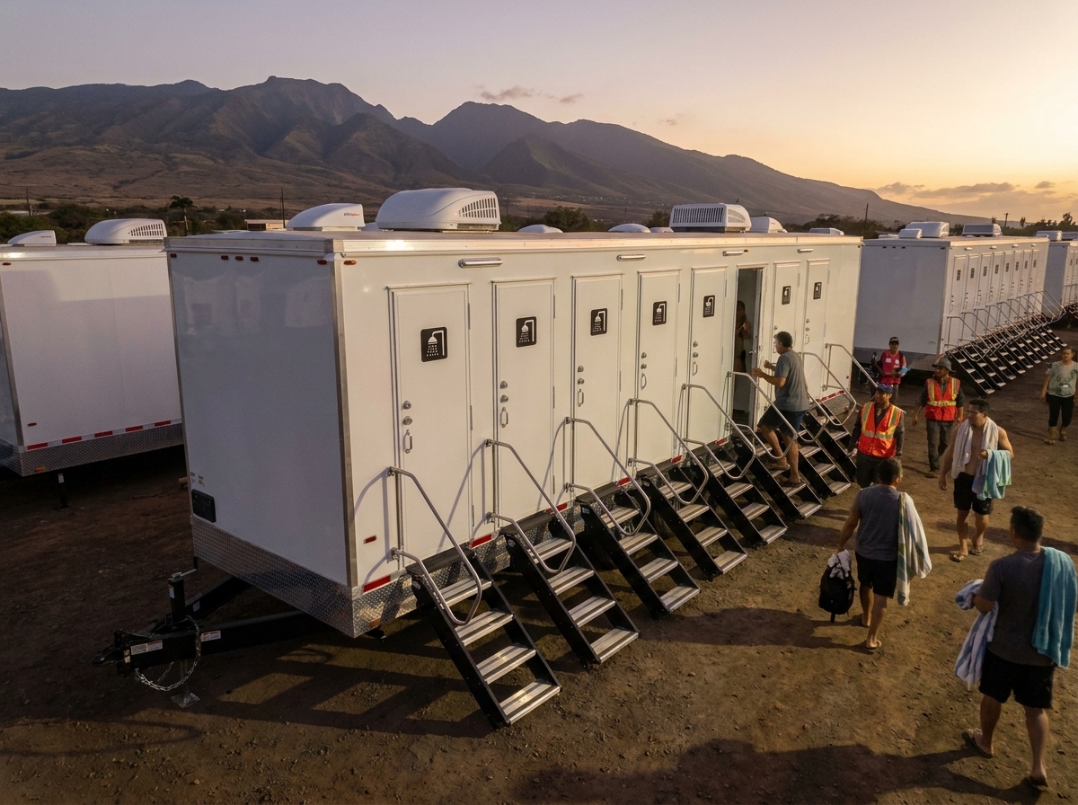 Rows of white mobile shower trailers staged on a cleared hillside lot near Lahaina, relief workers and displaced residents walking to the stalls at dusk with the West Maui mountains behind