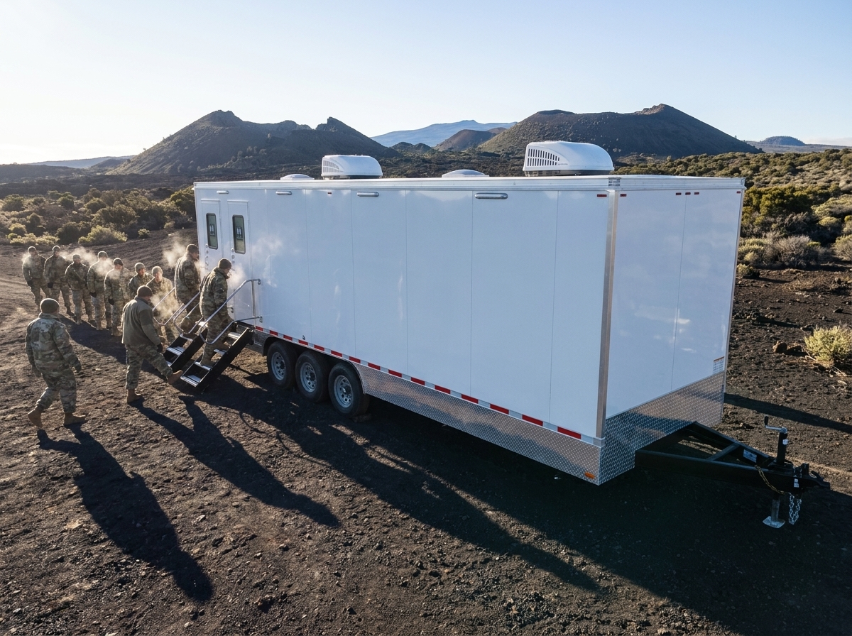 Large 8-station private restroom trailer at a high-altitude Army field camp at Pohakuloa on Hawaii Island, soldiers in uniform queued in the cold morning light with the volcanic Saddle terrain behind