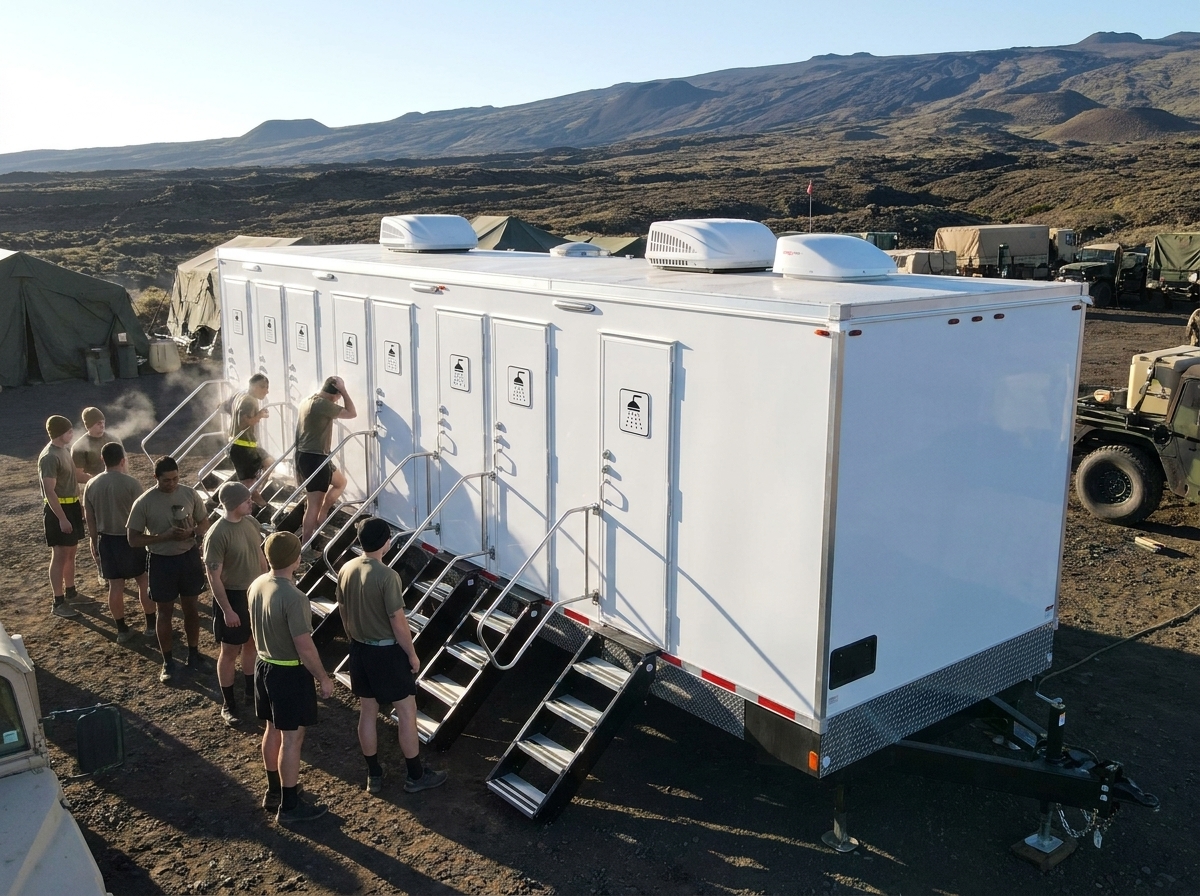Large multi-stall mobile shower trailer at a high-altitude Army field camp at Pohakuloa on Hawaii Island, soldiers in PT gear queued in the cold morning light with the volcanic Saddle terrain behind