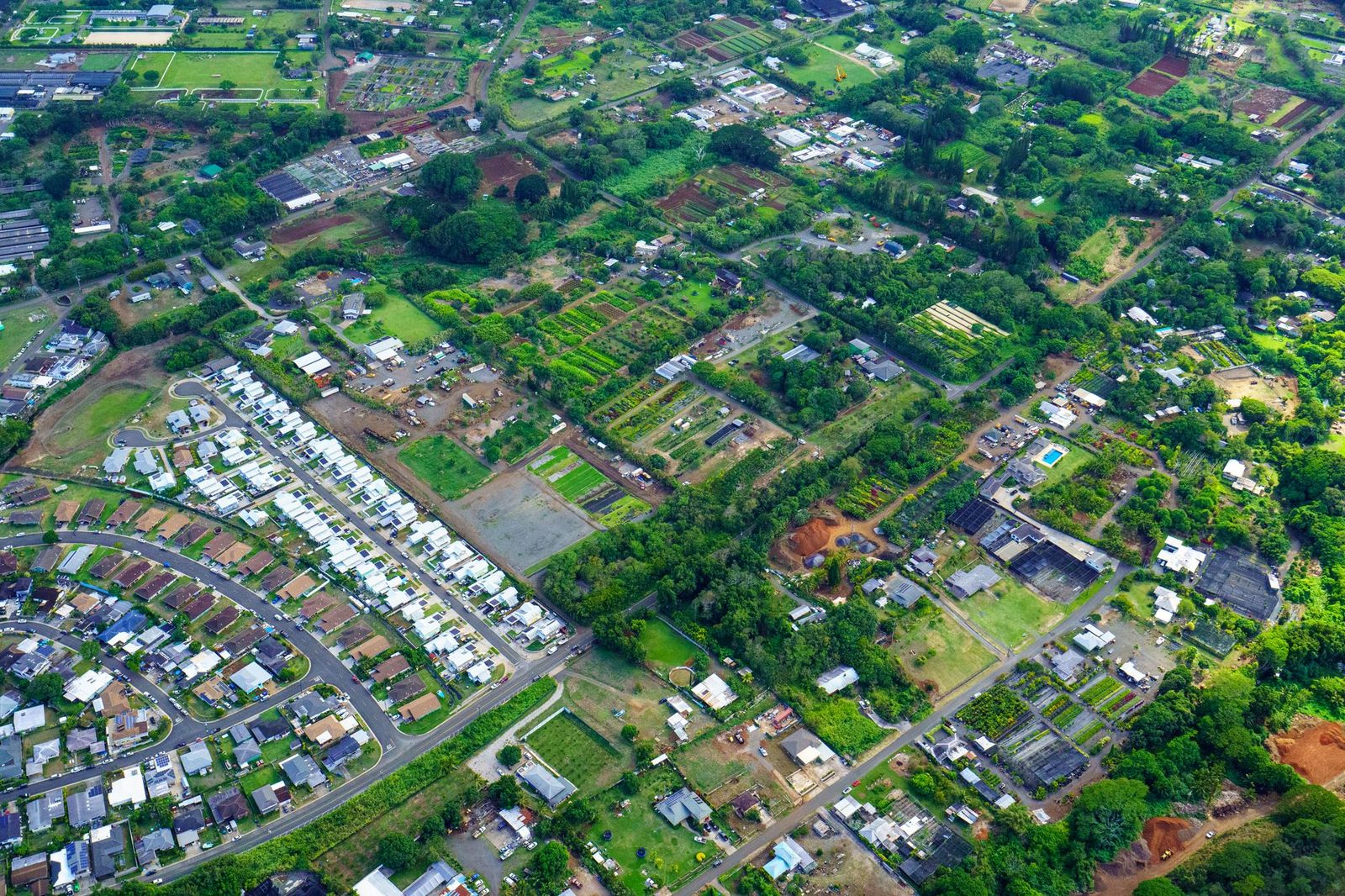 Rooftops and green fields of a central Oahu suburb from the air