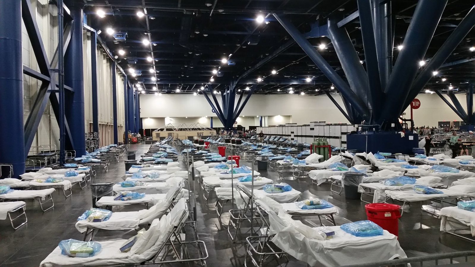 Rows of cots with folded bedding set up inside a large emergency shelter hall