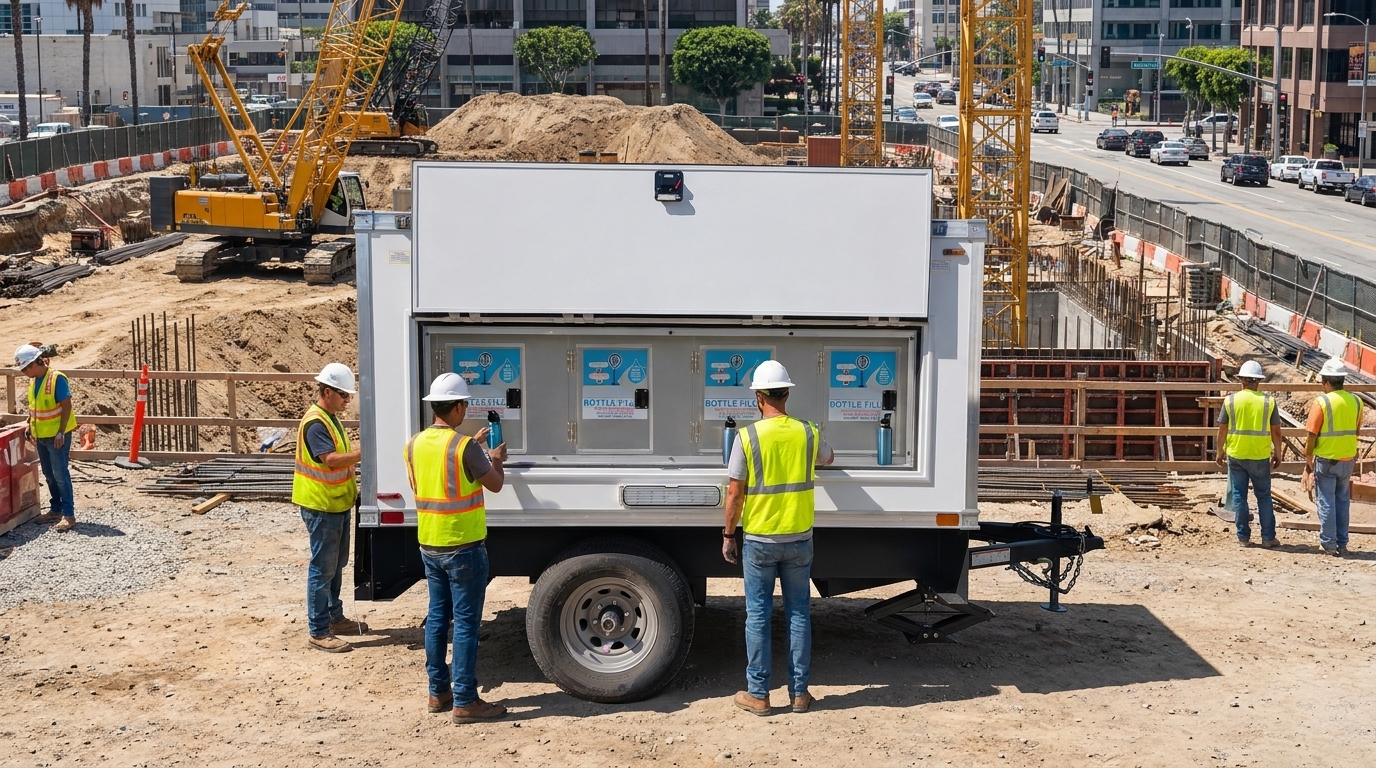 Water station trailer stationed beside cranes and excavation barriers on an urban Los Angeles construction site, workers in high-visibility vests filling bottles