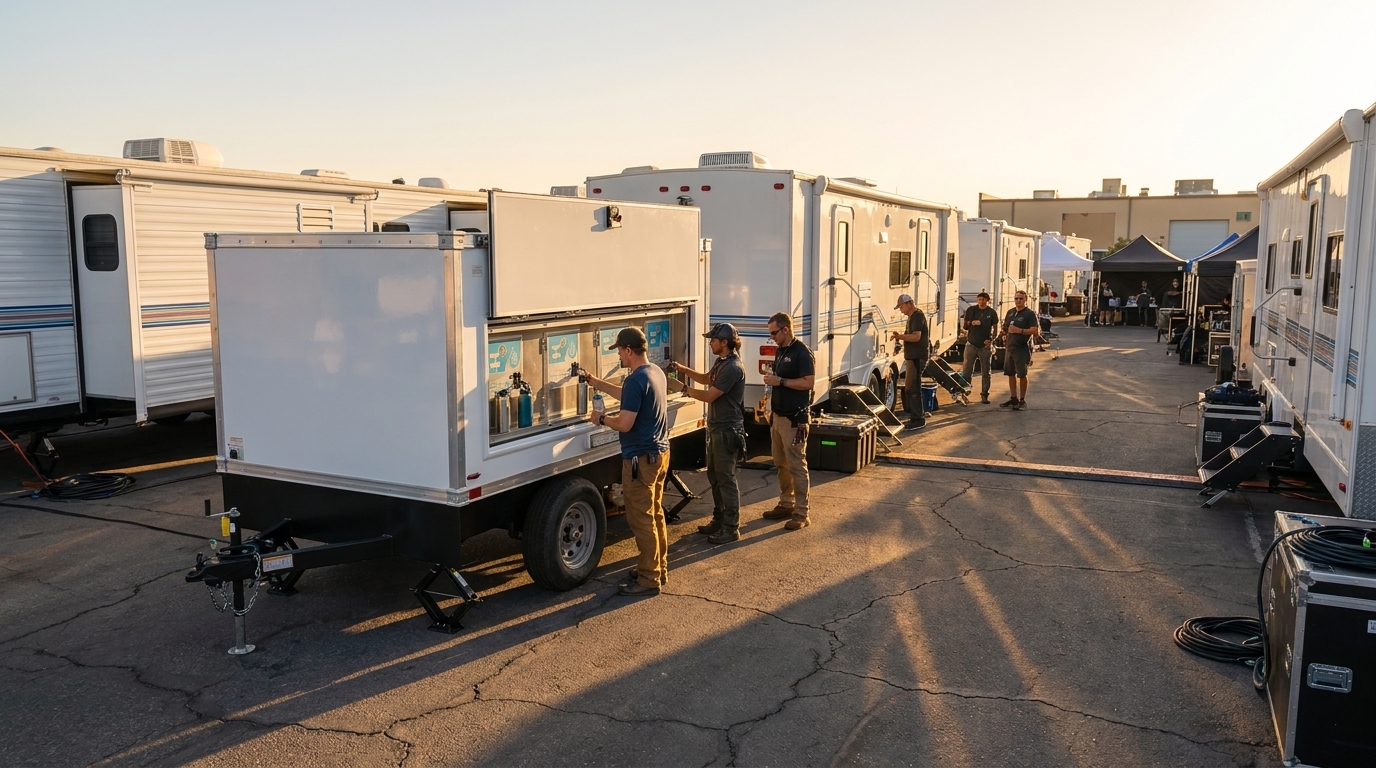 Water station trailer parked in line with production trailers on an asphalt studio basecamp lot at golden hour, crew members filling bottles at the rail