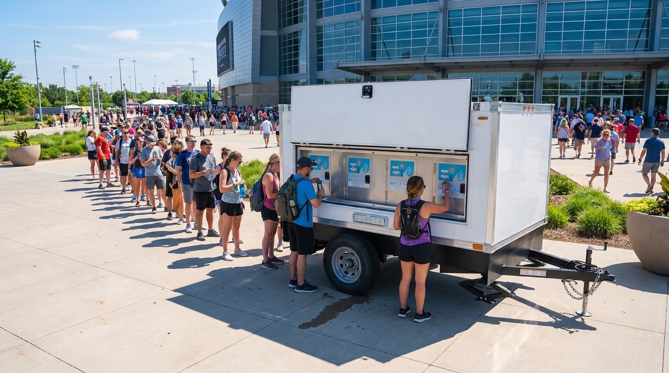 Bottle-fill water station trailer serving a long queue of event attendees outside a modern stadium entry plaza on a bright summer day
