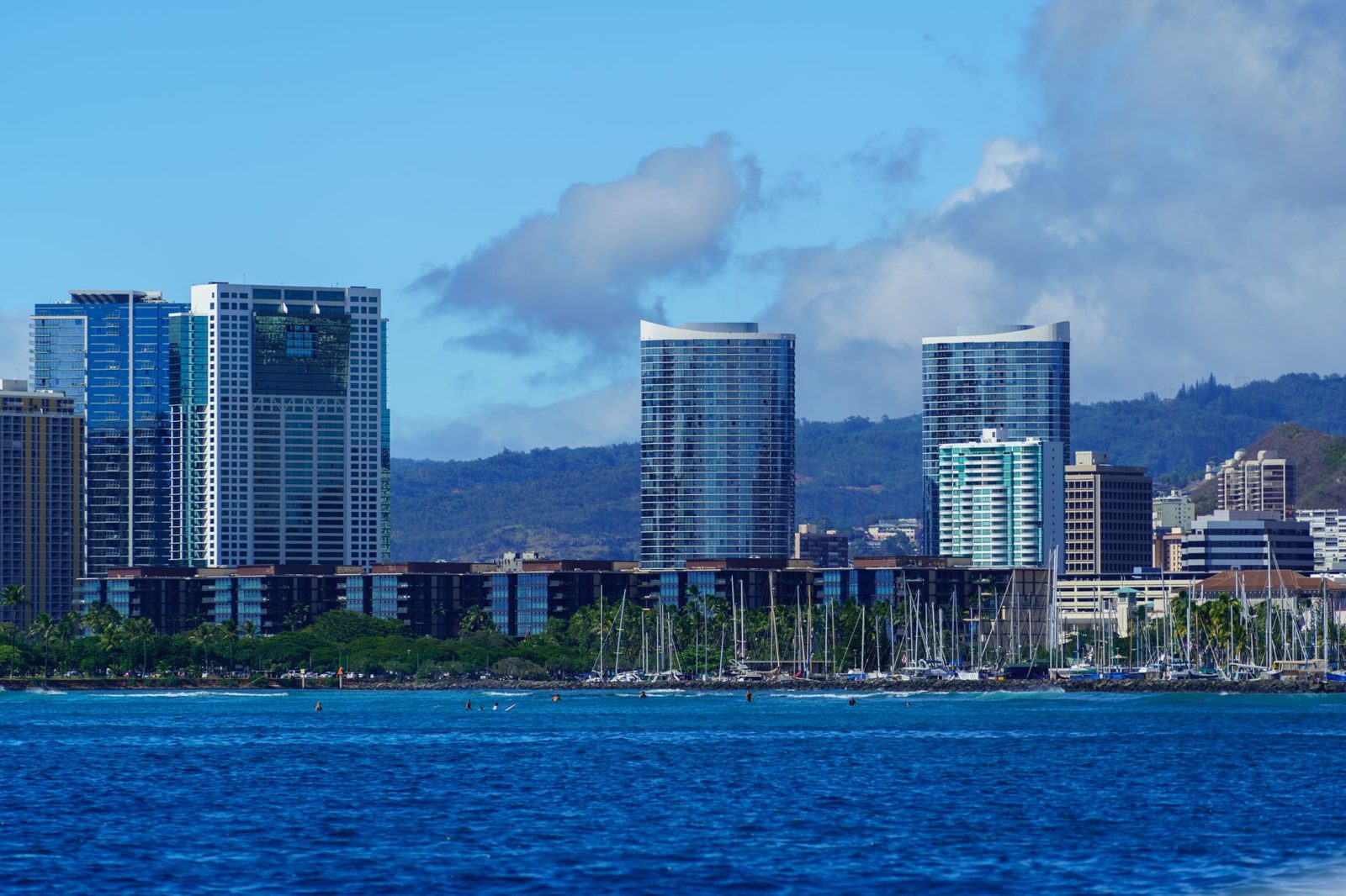 The Honolulu waterfront on Oahu seen from the water