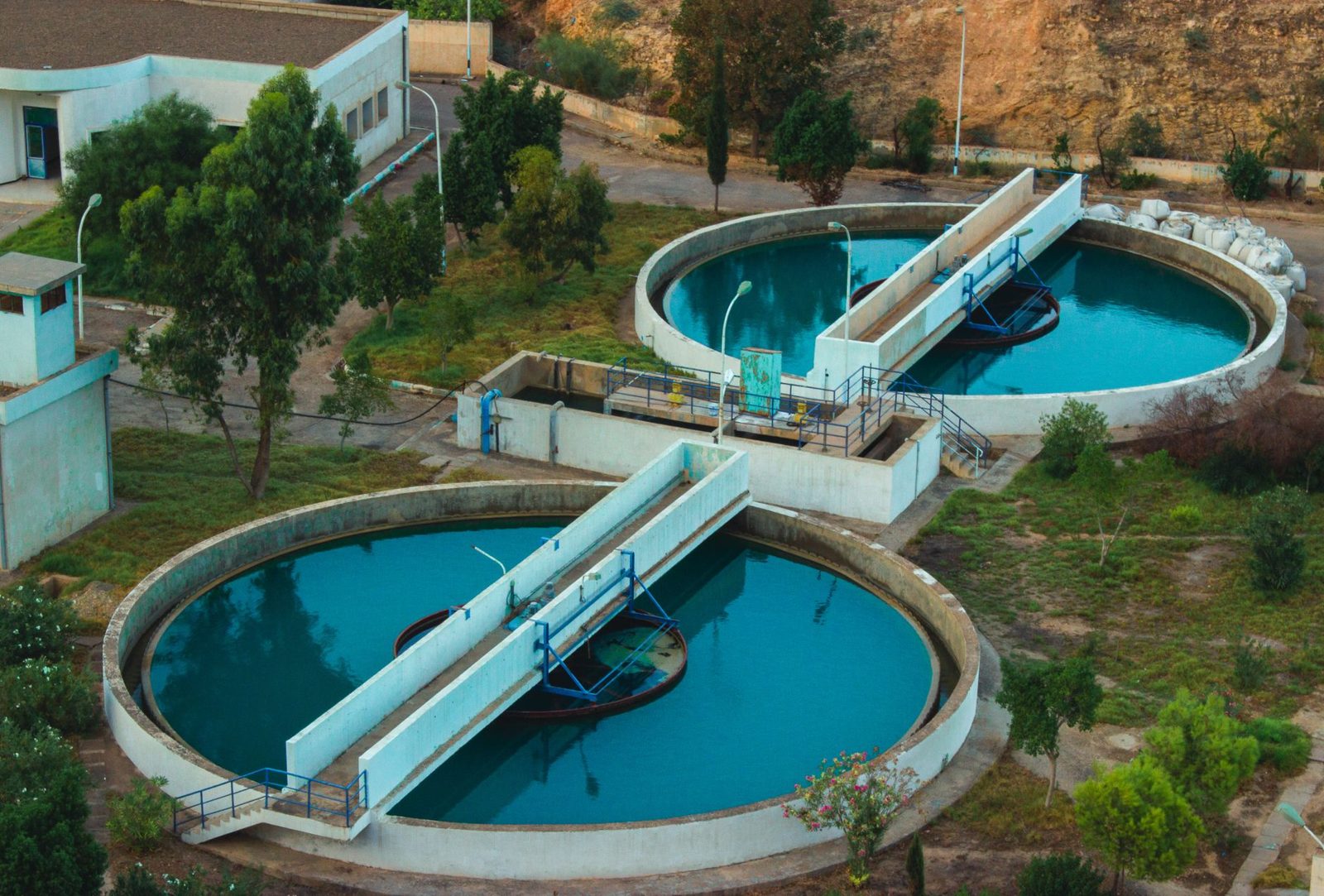 The tanks and walkways of a water treatment plant