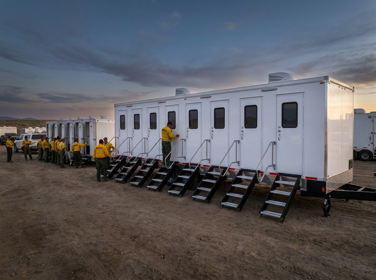 A wildland fire base camp in the Nevada high desert at dusk with responders in yellow Nomad shirts lined up near a bank of portable restroom units and support trailers