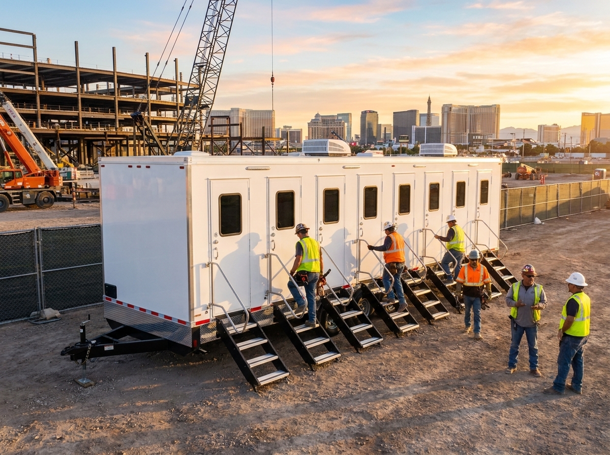 Construction crews in hard hats and safety vests walking up to a private eight-station restroom trailer parked inside the fenced Las Vegas Strip stadium job site at sunrise