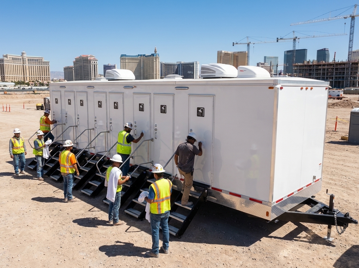 Construction workers in hard hats and vests lining up at a multi-stall shower trailer on a dusty Las Vegas megaproject jobsite, Strip towers and cranes in the background under bright desert sun