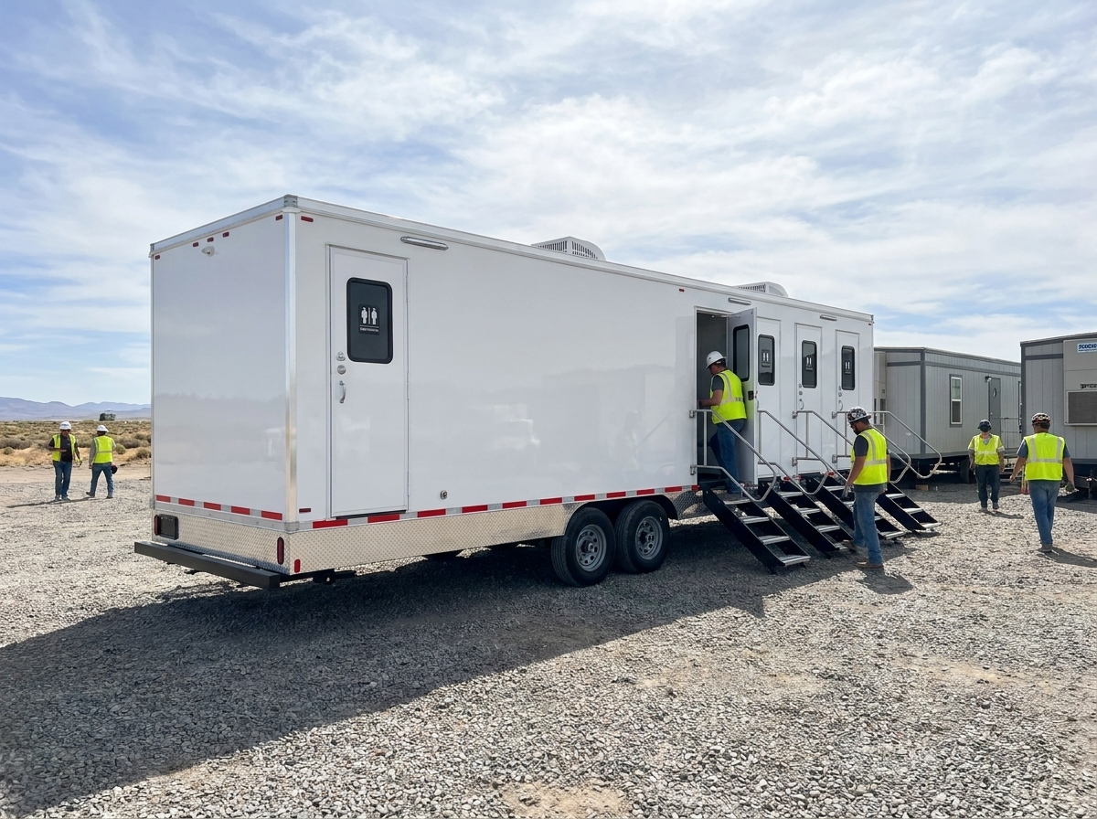 Workers in high-visibility gear at a remote high-desert industrial pad near Reno with a mobile restroom trailer staged beside modular office trailers under a wide Nevada sky
