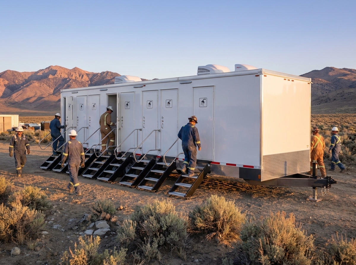 Industrial and mining workers in coveralls at a bank of shower trailers on a remote high-desert northern Nevada work camp, sagebrush and distant mountains at dawn