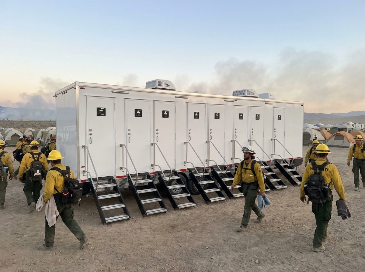 Wildland firefighters in yellow Nomad shirts walking toward a row of shower trailers at a dusty Nevada fire base camp at dusk, incident tents and smoke haze on the horizon