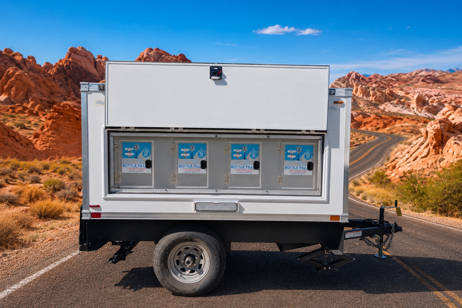 Our Signature Series water station trailer with four bottle-fill stations, ready for Los Angeles delivery