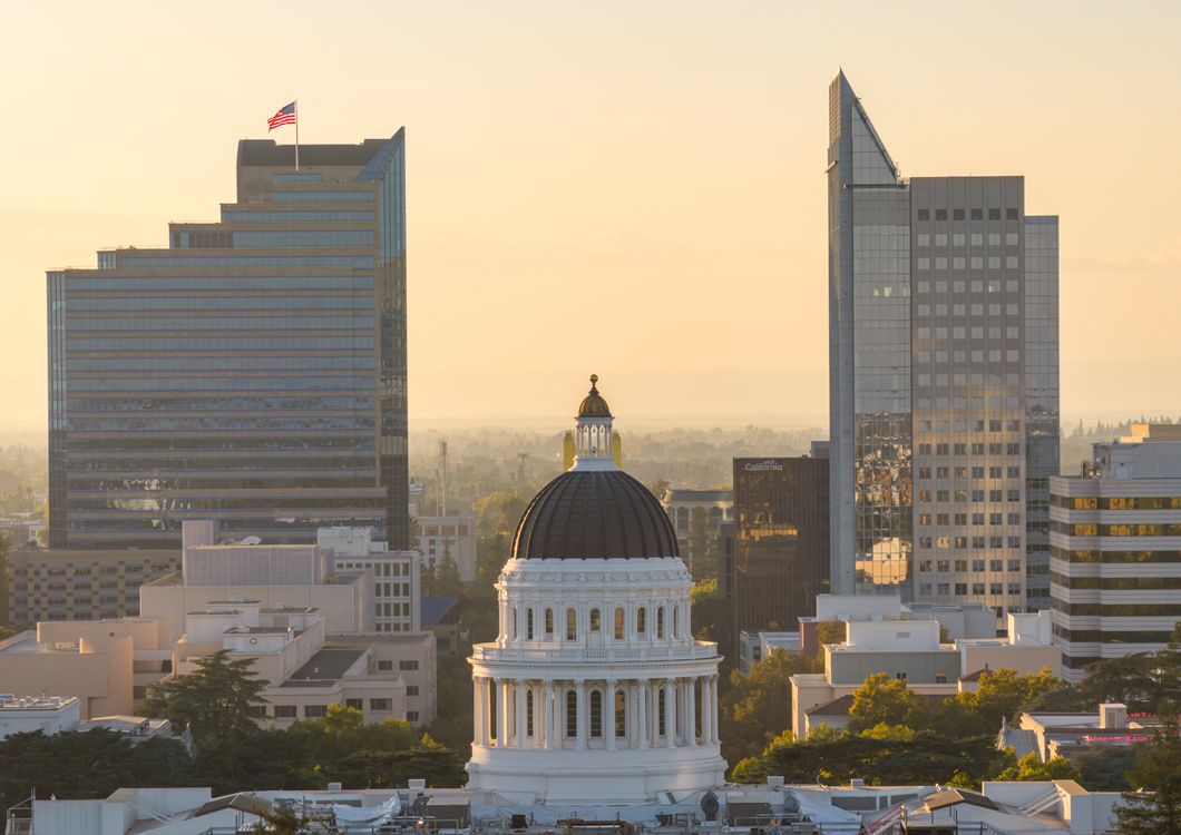 Sacramento skyline and the State Capitol at golden hour