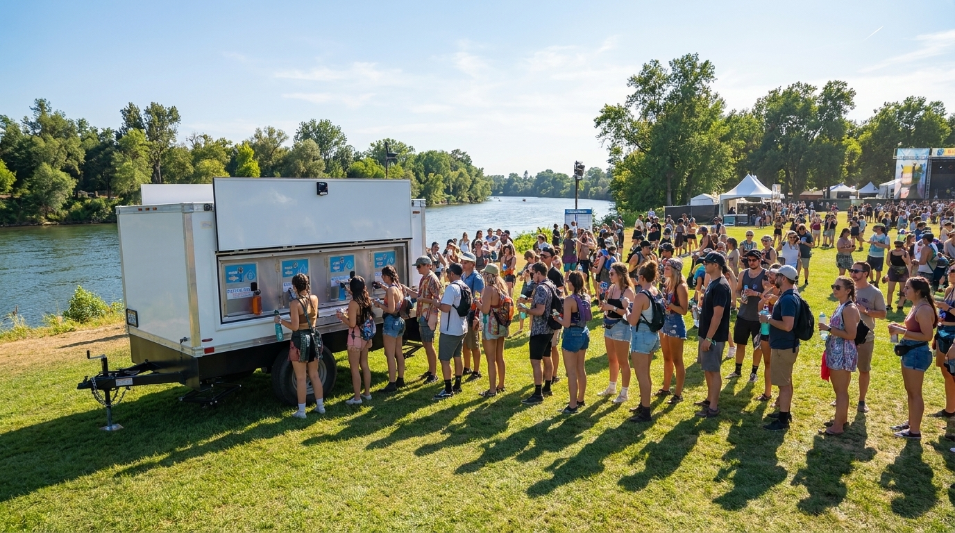 Signature Series water station trailer on a tree lined festival lawn near the Sacramento River with a large crowd filling bottles at the rails